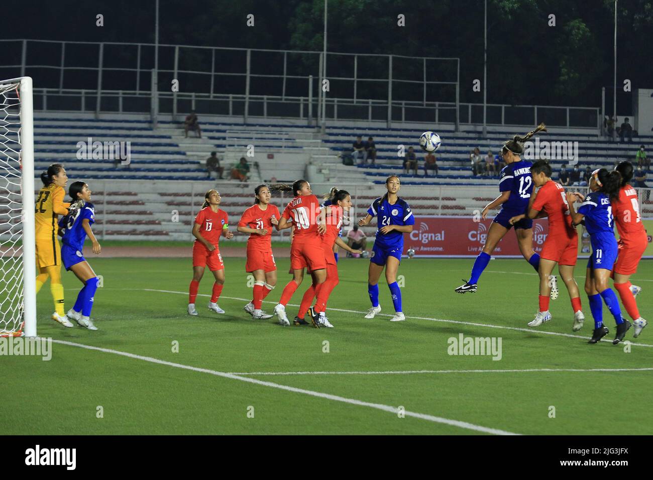 Kaya Tanada Hawkinson (12, Blue) scores a header to earn the Philippines it's sixth point of the match. (Photo by Dennis Jerome Acosta/Pacific Press) Stock Photo