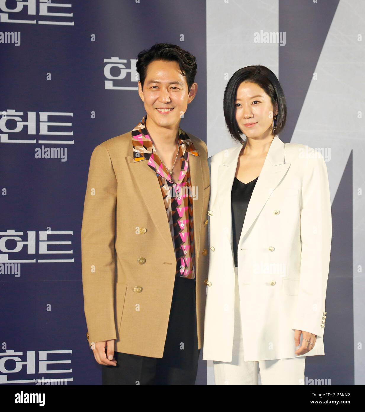 (L-R) Lee Jung-Jae and Jeon Hye-Jin, July 5, 2022 : A South Korean actor and director Lee Jung-Jae and actress Jeon Hye-Jin pose for photographers at a production press conference for the movie 'Hunt' in Seoul, South Korea. (Photo by Lee Jae-Won/AFLO) (SOUTH KOREA) Stock Photo