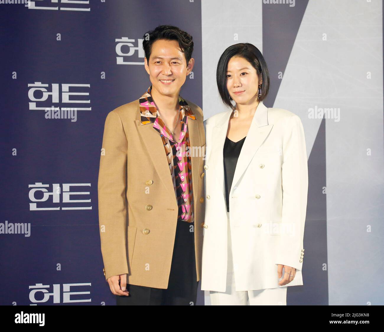 (L-R) Lee Jung-Jae and Jeon Hye-Jin, July 5, 2022 : A South Korean actor and director Lee Jung-Jae and actress Jeon Hye-Jin pose for photographers at a production press conference for the movie 'Hunt' in Seoul, South Korea. (Photo by Lee Jae-Won/AFLO) (SOUTH KOREA) Stock Photo