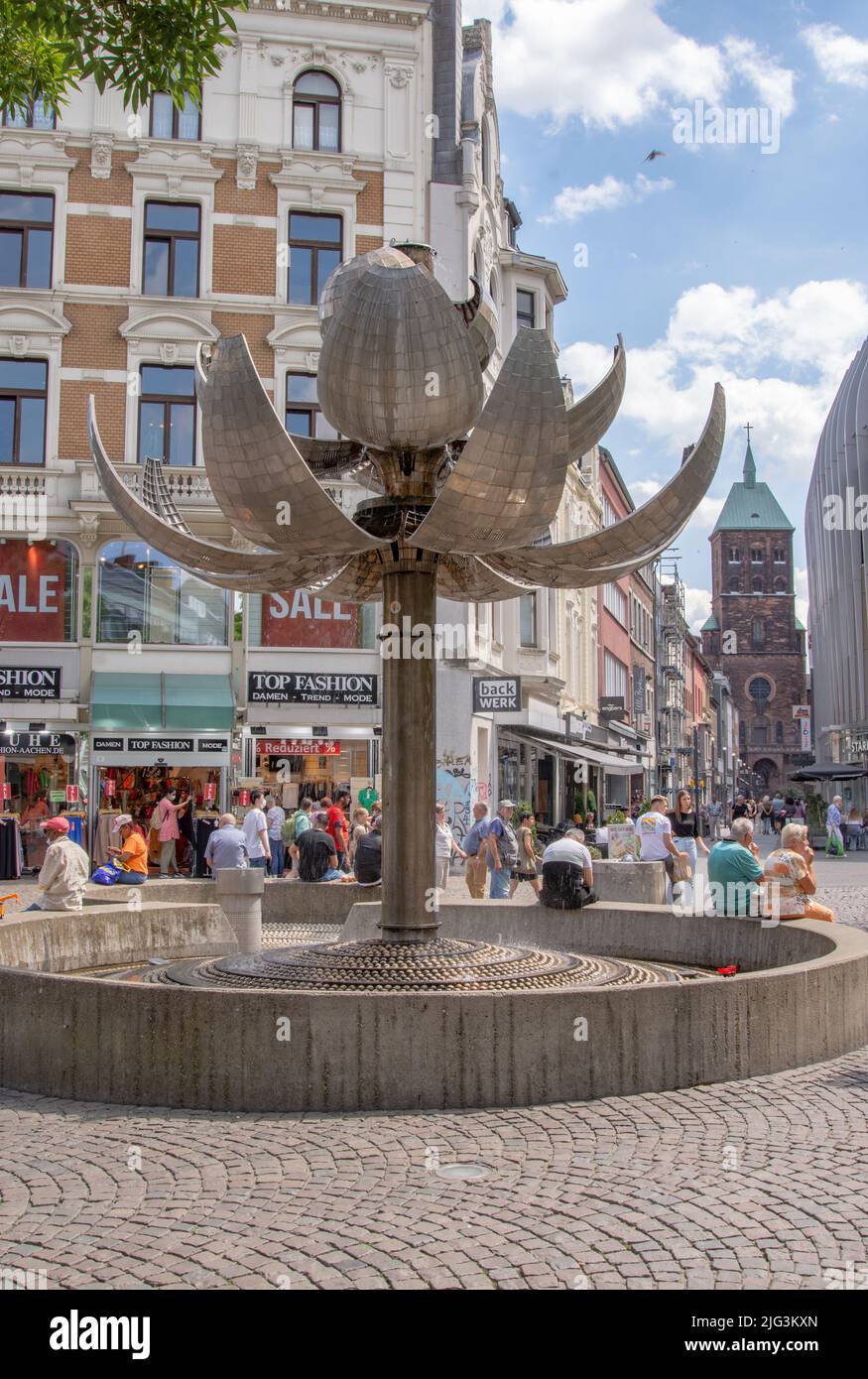 Aachen July 2022: The Kugelbrunnen is a fountain created in 1977 by Albert Sous in Aachen. Stock Photo