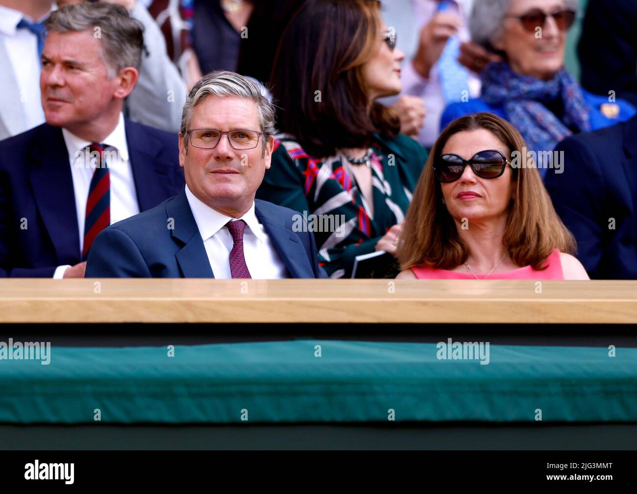 Labour leader, Sir Keir Starmer and his wife Victoria, in the Royal Box on centre court on day eleven of the 2022 Wimbledon Championships at the All England Lawn Tennis and Croquet Club, Wimbledon. Picture date: Thursday July 7, 2022. Stock Photo
