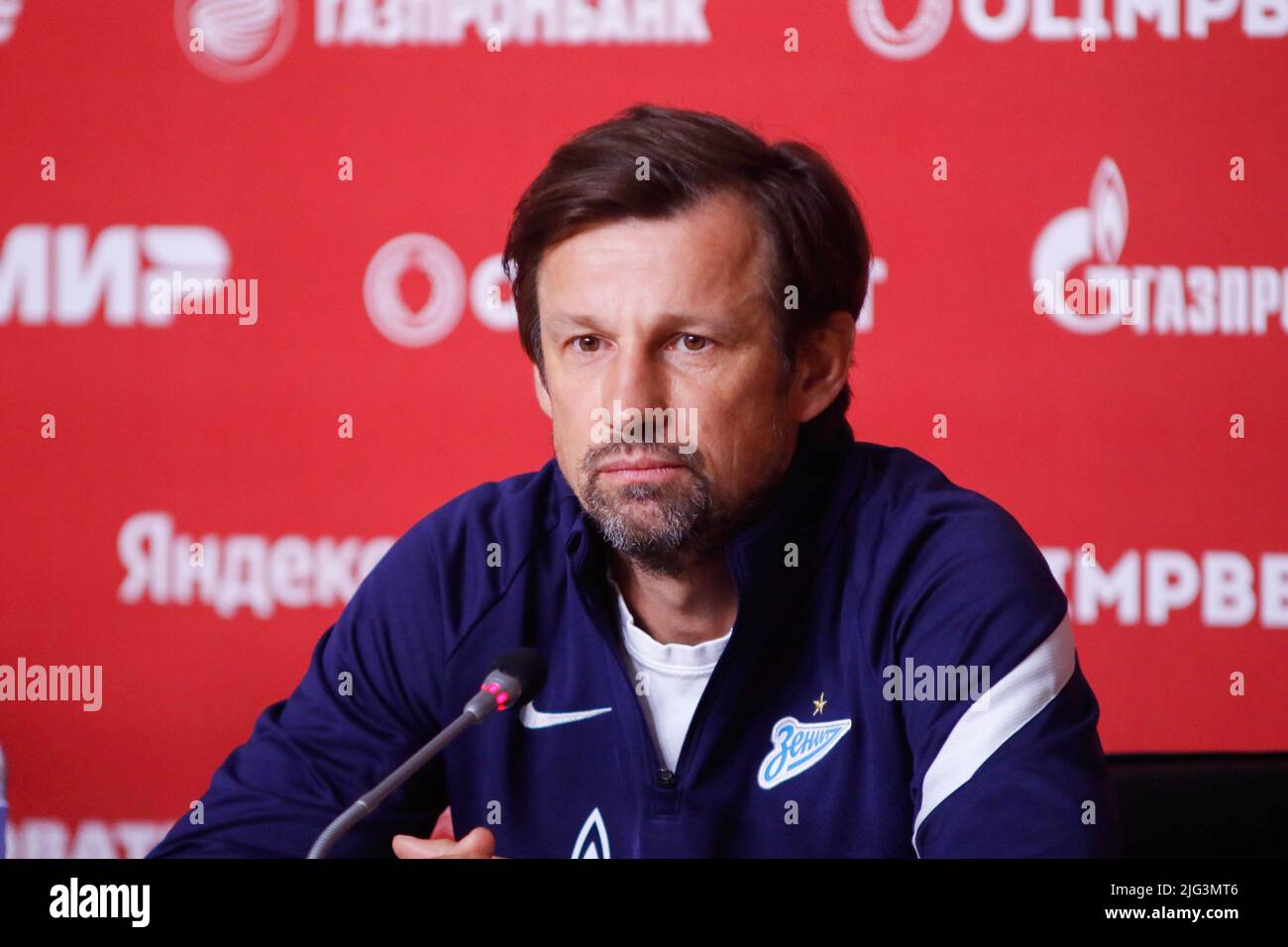 Saint Petersburg, Russia. 07th July, 2022. Head coach of Zenit football  club Sergei Semak in St. Petersburg at Gazprom Arena during a press  conference before the match for the Russian Football Super
