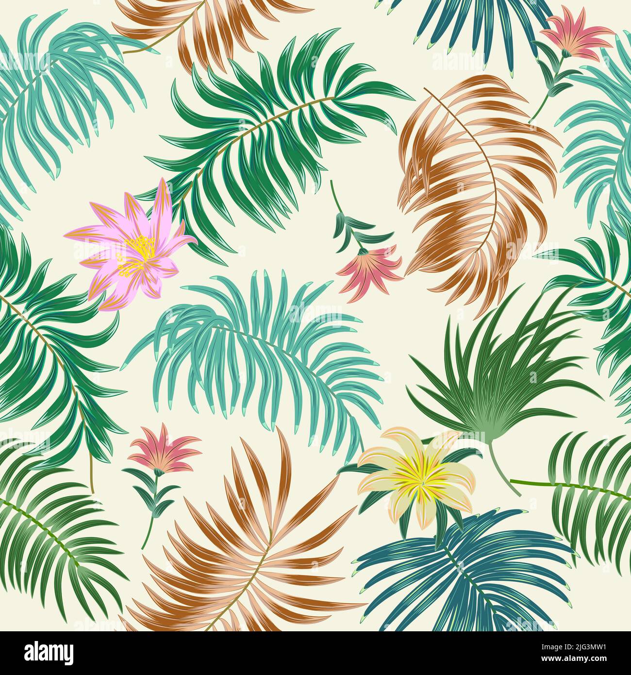 Vector tropical jungle seamless pattern with palm trees leaves and ...