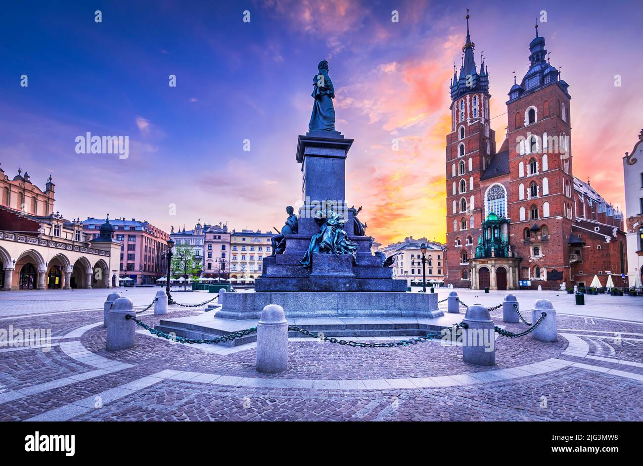 Krakow, Poland. Beautiful colored sunrise with Ryenek Square historical downtown of Cracovia. Stock Photo