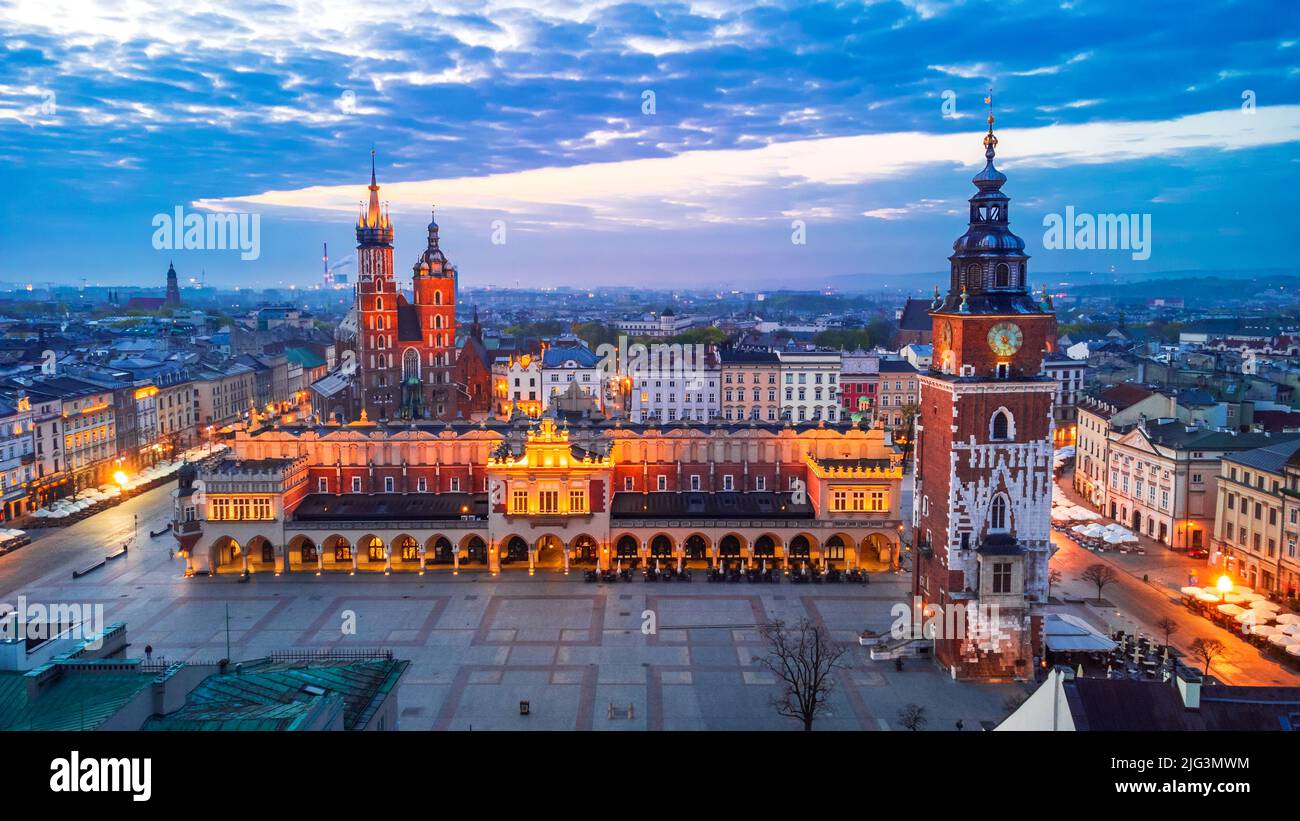 Krakow, Poland. Aerial scenic view ofRyenek Square, historical downtown of Cracovia. The Cathedral, Cloth Hall and Town Hall Tower Stock Photo
