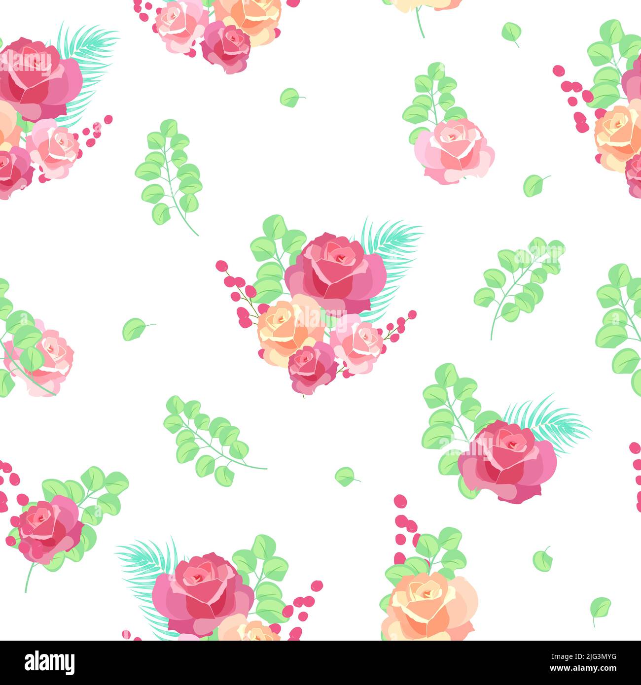 Seamless pattern with bouquet roses and eucalyptus leaves, vector