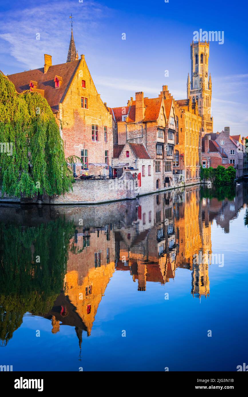 Bruges, Belgium. Golden hour landscape with beautiful Rozenhoedkaai in Brugge, famous Flanders landmark. Stock Photo