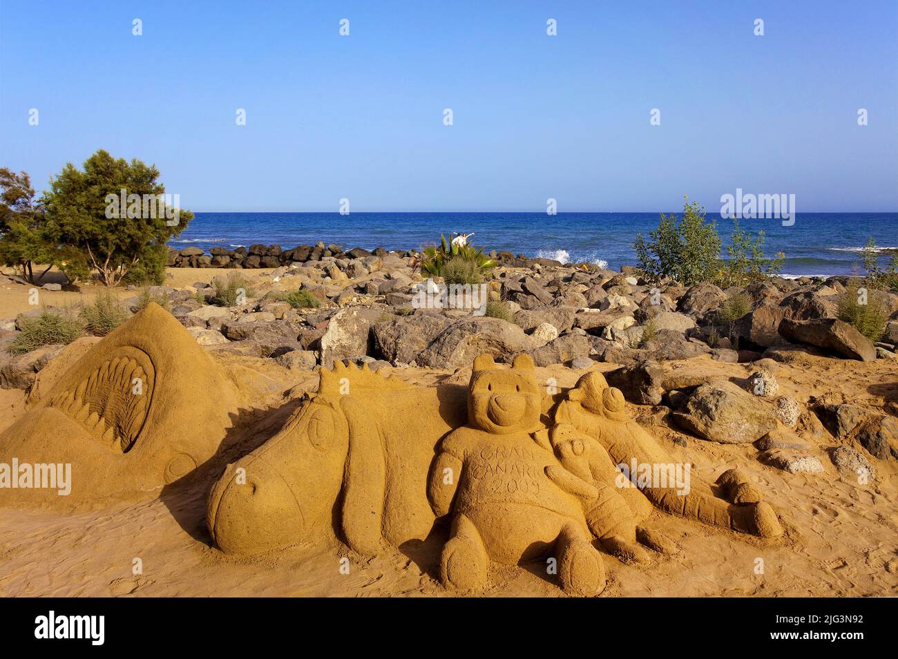 Sand sculptures at the beach of Maspalomas, Grand Canary, Canary islands, Spain, Europe Stock Photo