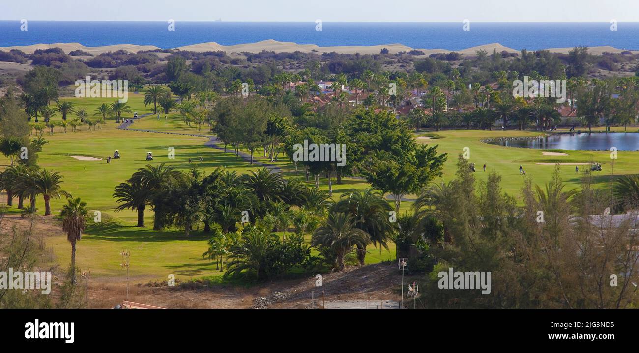 Golf course at Maspalomas, in the background the dunes, Grand Canary, Canary islands, Spain, Europe Stock Photo