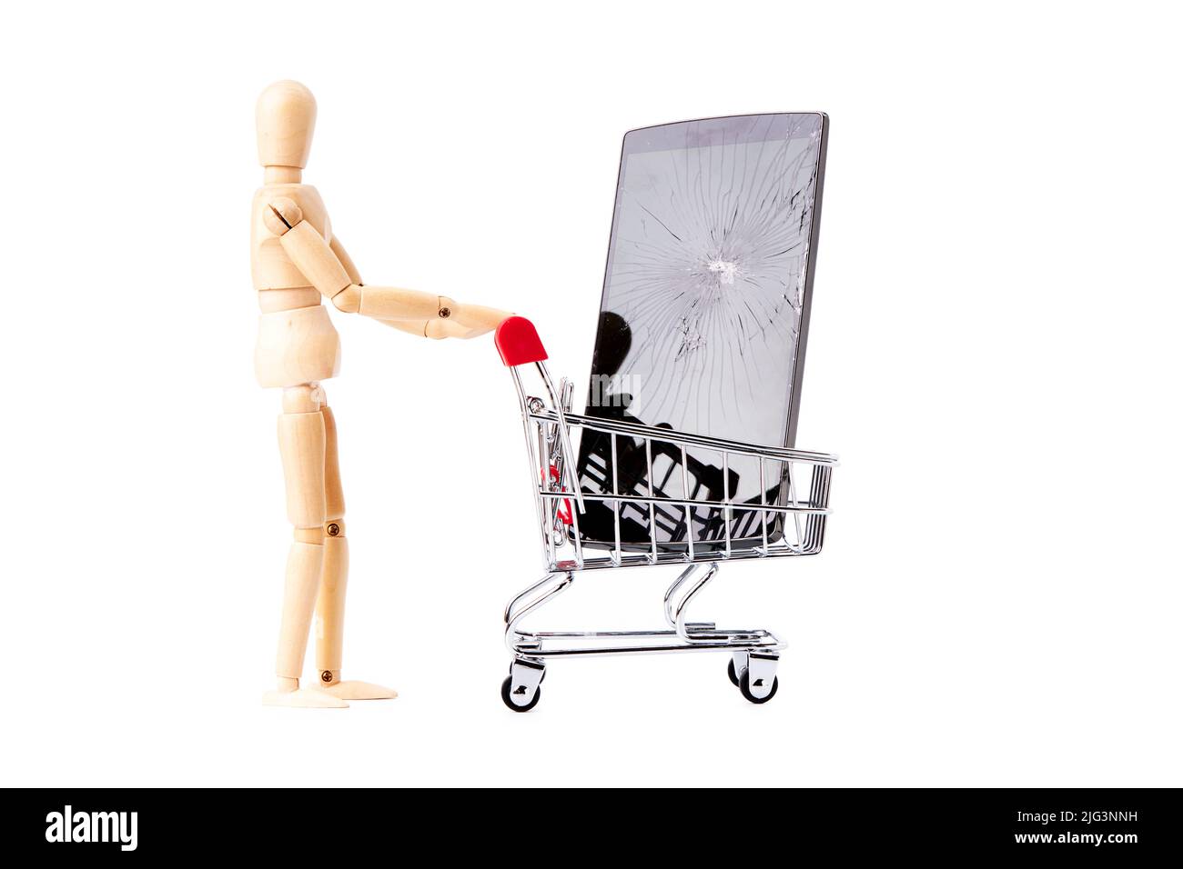 Mobile with broken screen inside a shopping cart pushed by a dummy