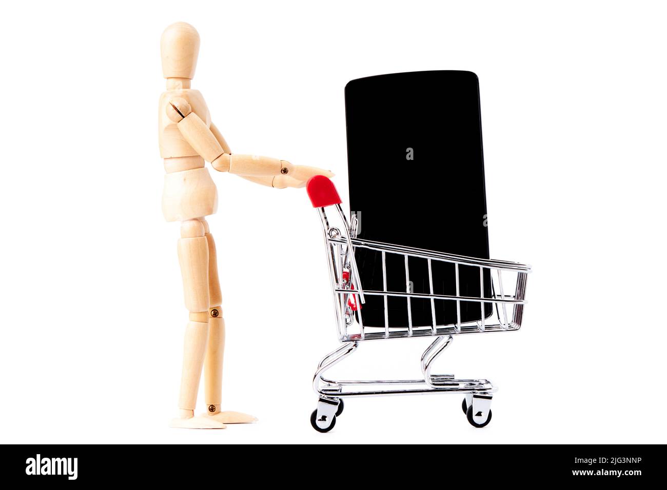 Mobile with broken screen inside a shopping cart pushed by a dummy. Insurance concept. Repair concept Stock Photo