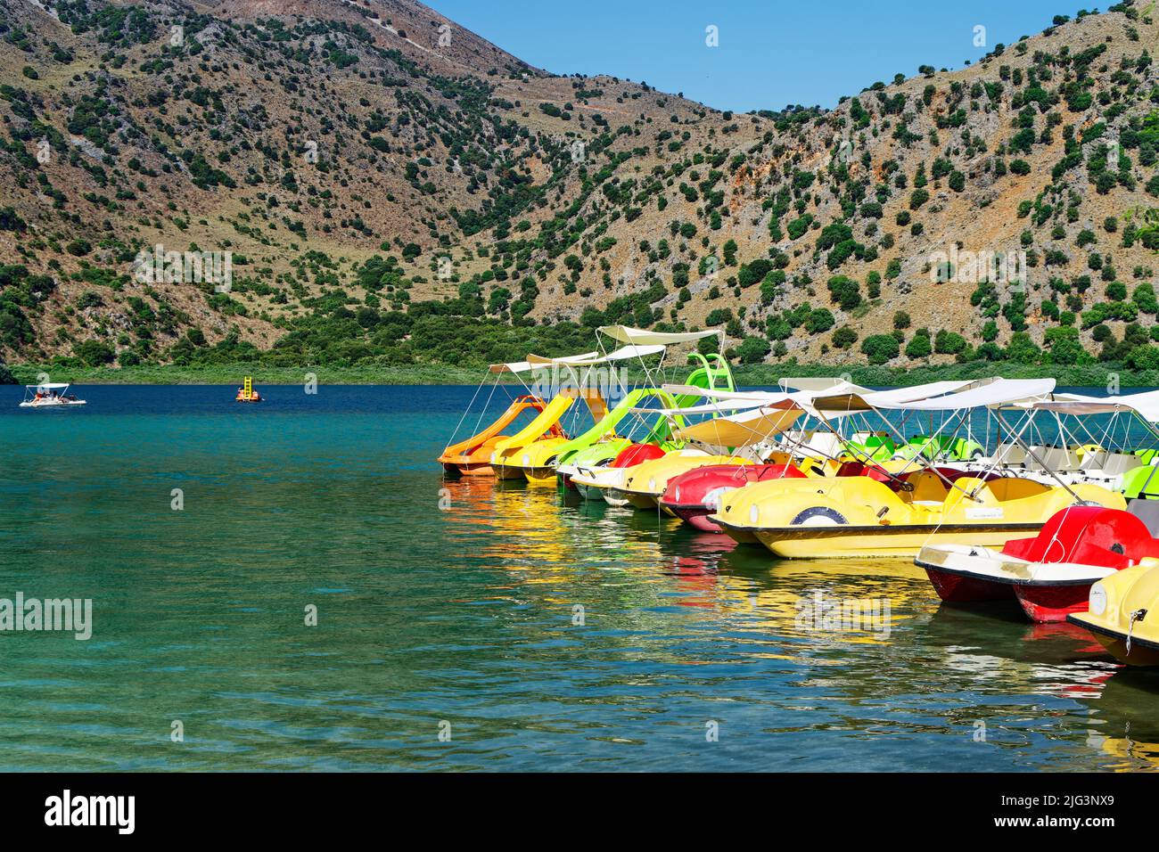 Georgioupoli, Greece - 07022022- pedal boats by the lake kournas Stock  Photo - Alamy
