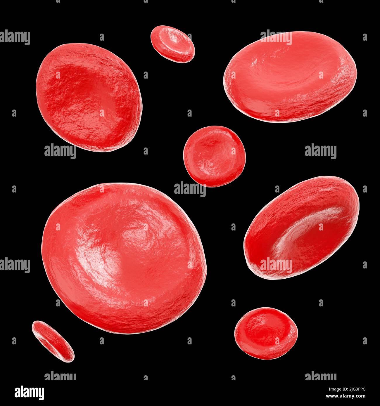 Red blood cells . Isolated black background . 3D rendering . Stock Photo