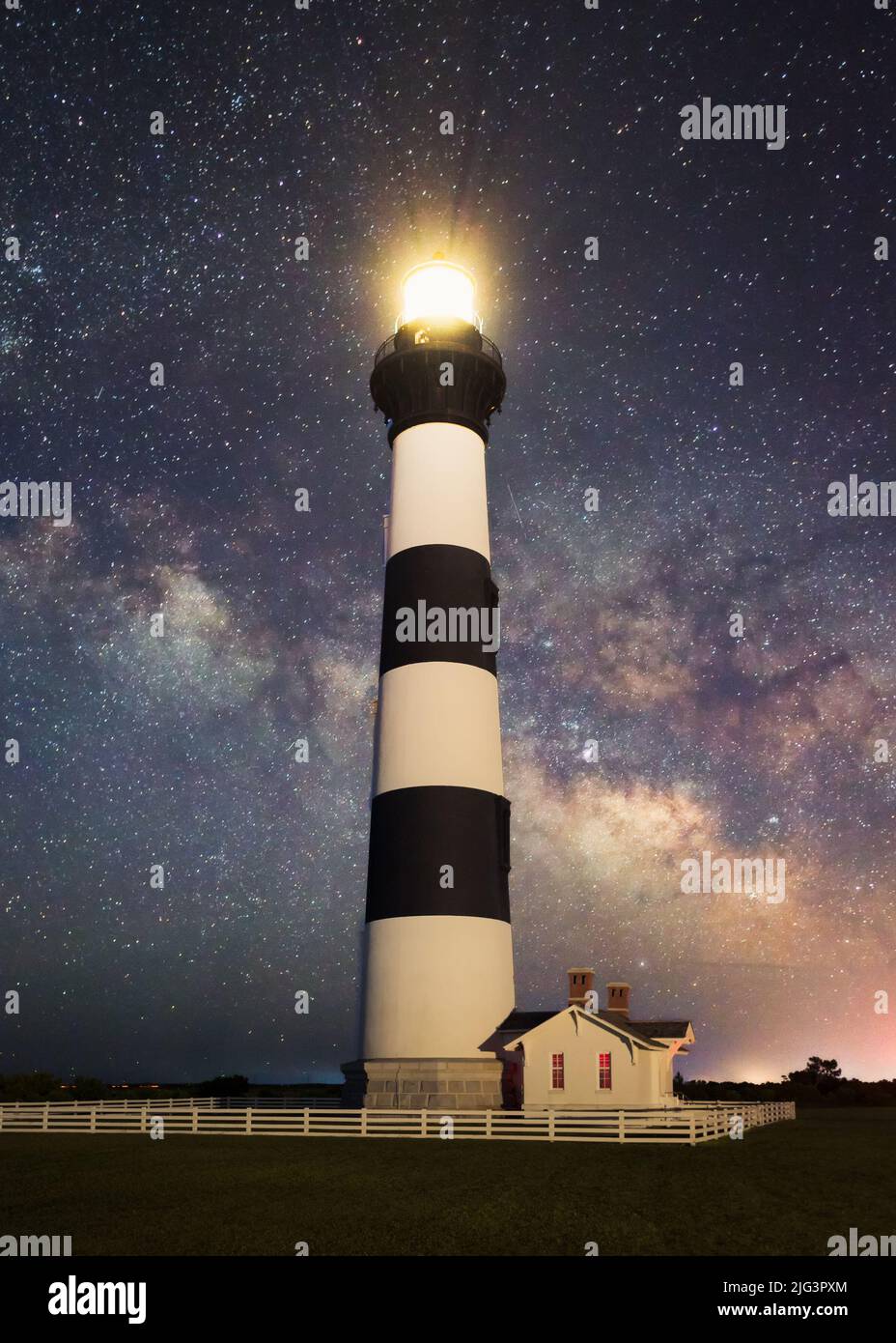Bodie Island Lighthouse with milky way galaxy and stars in the background in Outer Banks, North Carolina Stock Photo
