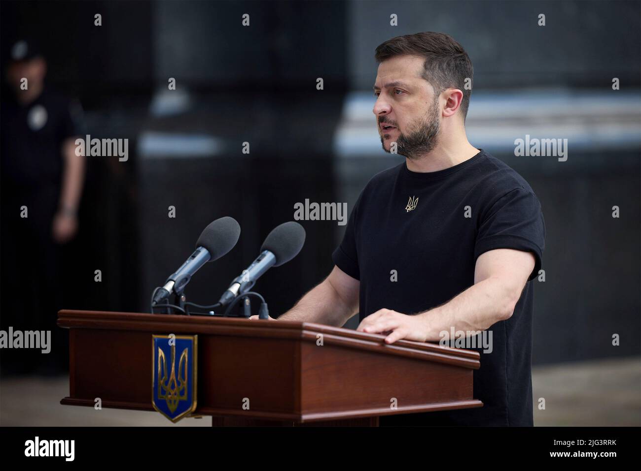 Kyiv, Ukraine. 04 July, 2022. Ukrainian President Volodymyr Zelenskyy, delivers remarks during an event celebrating the 7th anniversary of the national police force, July 4, 2022 in Kyiv, Ukraine.  Credit: Ukraine Presidency/Ukrainian Presidential Press Office/Alamy Live News Stock Photo