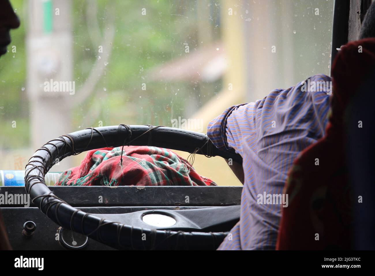 Picture of the steering wheel of the bus. Stock Photo