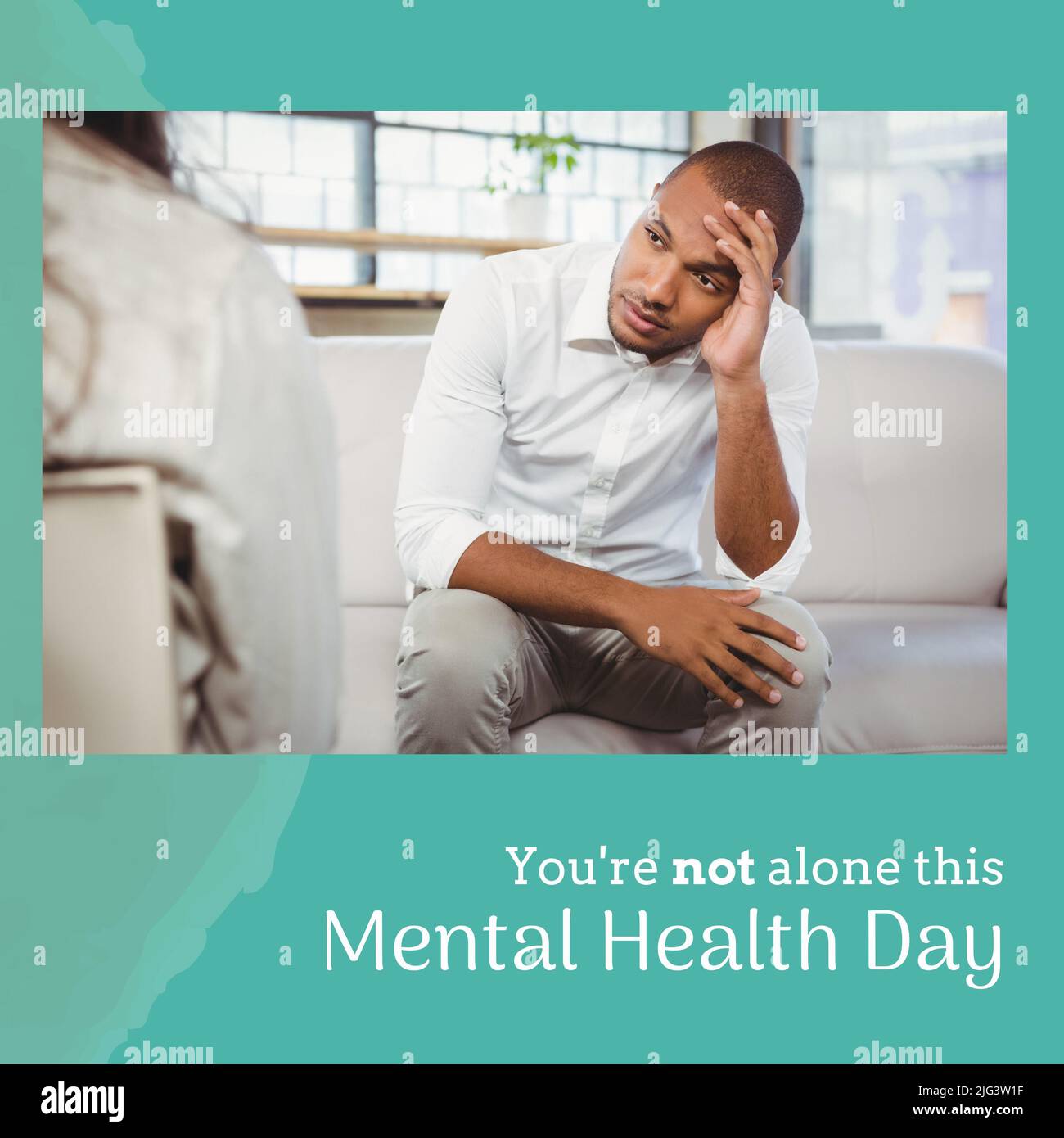 Image of mental health day and diverse psychologist and male patient Stock Photo