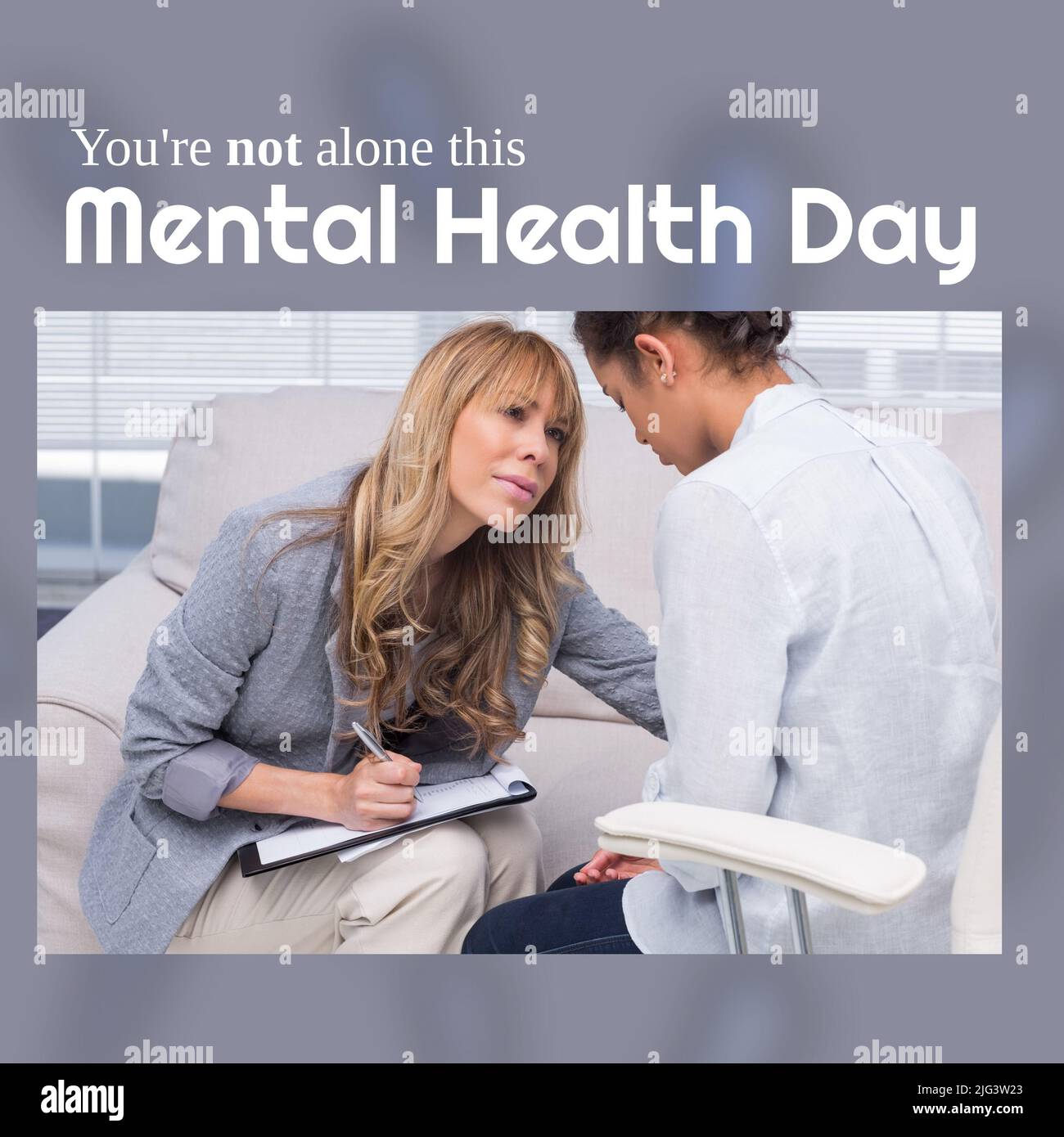 Image of mental health day and diverse female psychologist and female patient Stock Photo