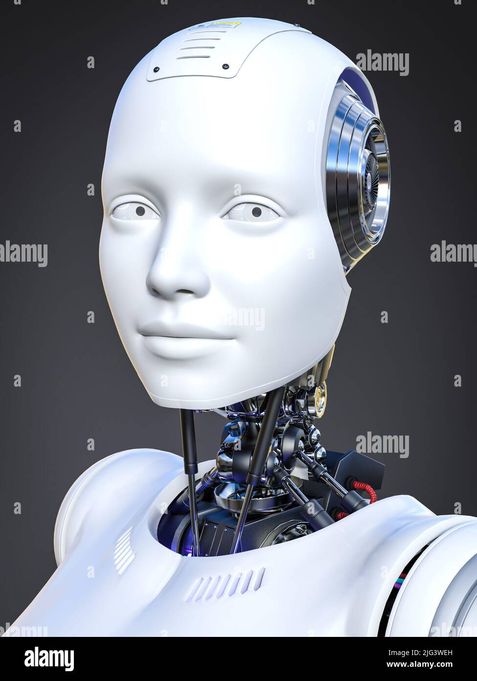 3D rendering head portrait of an android robot woman front view. Dark  background. Artificial intelligence concept Stock Photo - Alamy