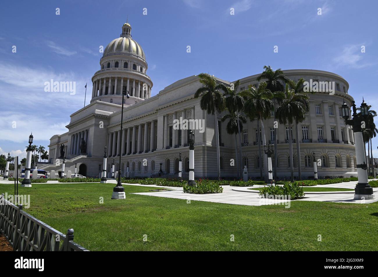 Landscape with panoramic gardens view of El Capitolio, the emblematic National Capitol building in the historic center of Havana, Cuba. Stock Photo