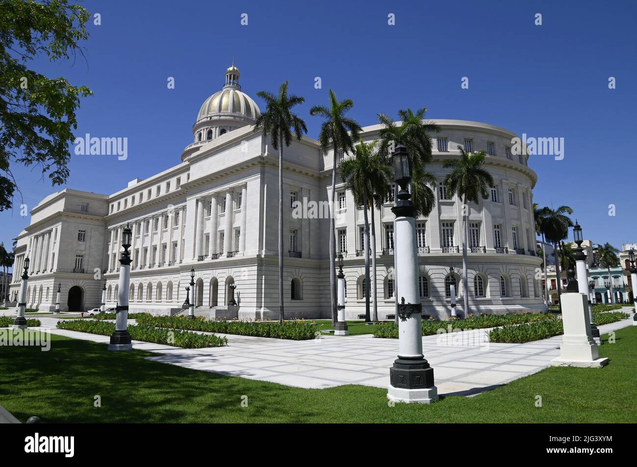 Landscape with panoramic view of El Capitolio, the emblematic National Capitol building in the historic center of Havana, Cuba. Stock Photo