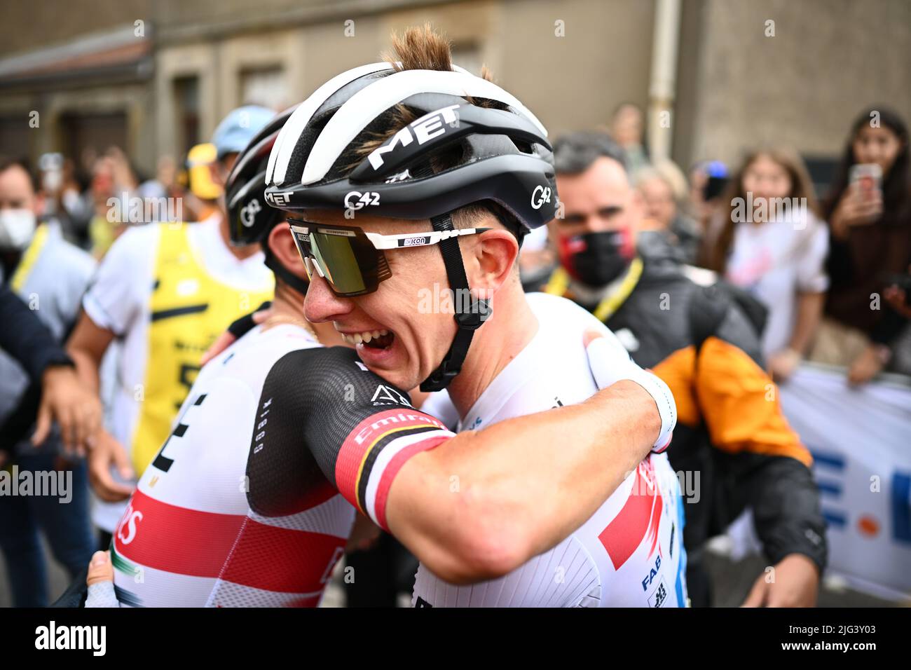 Tadej Pogacar of Slovenia and UAE Team Emirates celebrates after winning during Stage 6 of the Tour De France, Binche to Longwy, on Thursday 7th July 2022 Photo credit should read: JJ/POOL/Godingimages Credit: Peter Goding/Alamy Live News Stock Photo