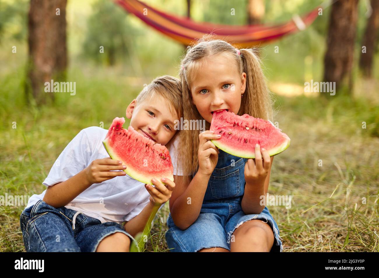 Kids eating watermelon in the park. Stock Photo