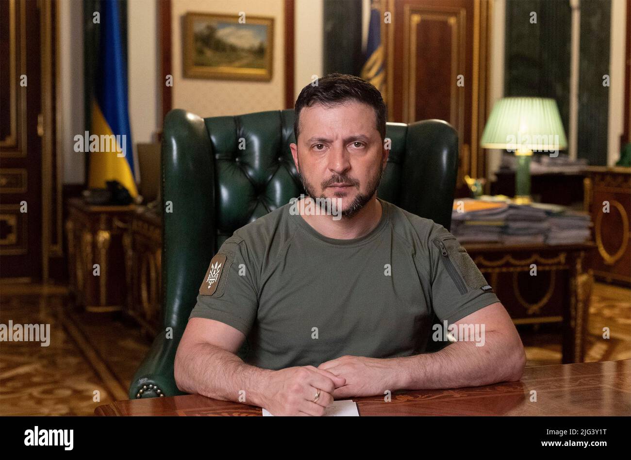 Kyiv, Ukraine. 03 July, 2022. Ukrainian President Volodymyr Zelenskyy, delivers his daily address via video link to the Ukrainian people on the 130th day of the Russian invasion from his office at the Mariinskyi Palace, July 3, 2022 in Kyiv, Ukraine.  Credit: Ukrainian Presidential Press Office/Ukraine Presidency/Alamy Live News Stock Photo