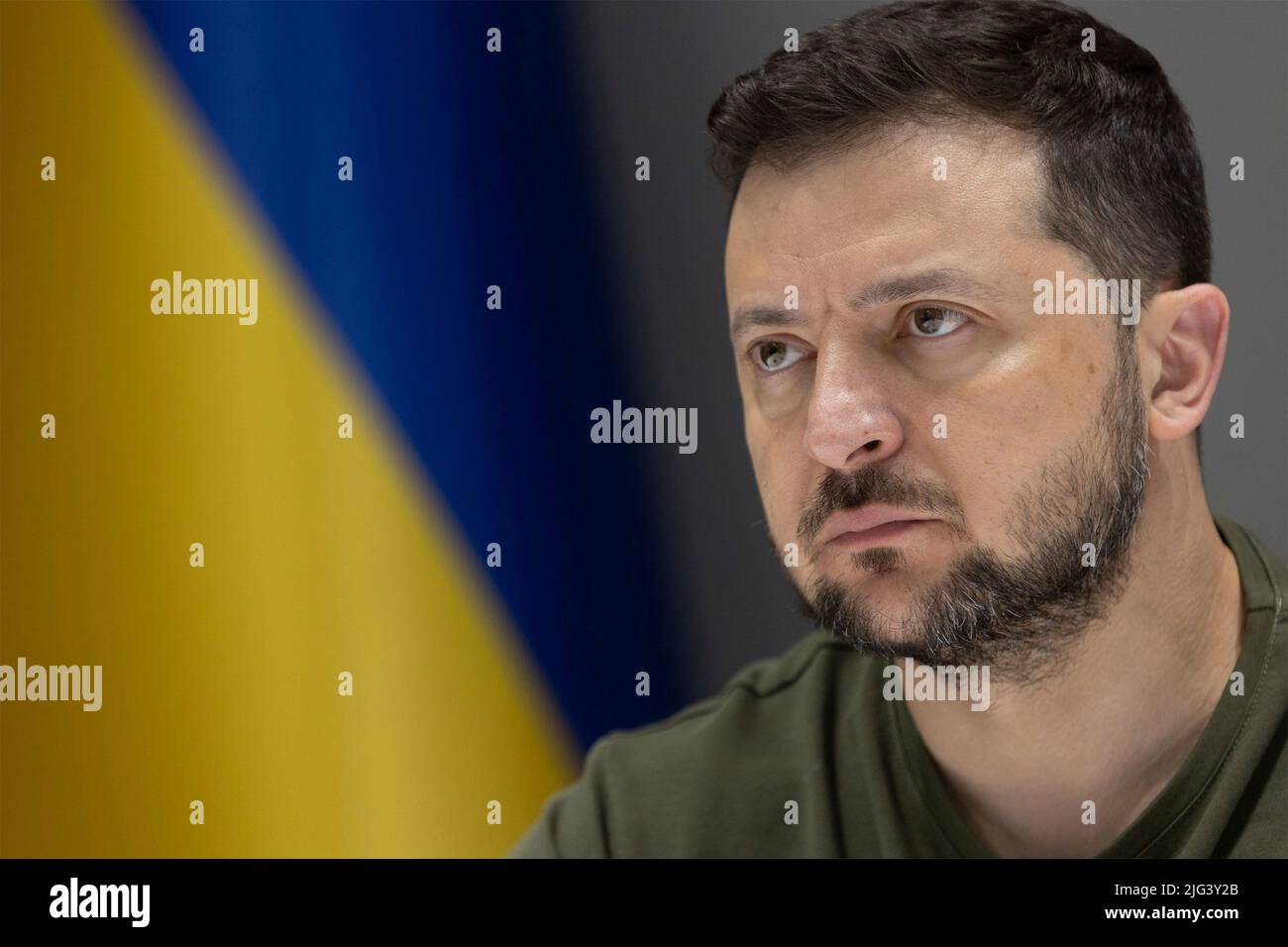 Kyiv, Ukraine. 05 July, 2022. Ukrainian President Volodymyr Zelenskyy, addresses the 26th Annual Economist Government Roundtable via video link from the presidential situation room, July 5, 2022 in Kyiv, Ukraine.  Credit: Ukrainian Presidential Press Office/Ukraine Presidency/Alamy Live News Stock Photo