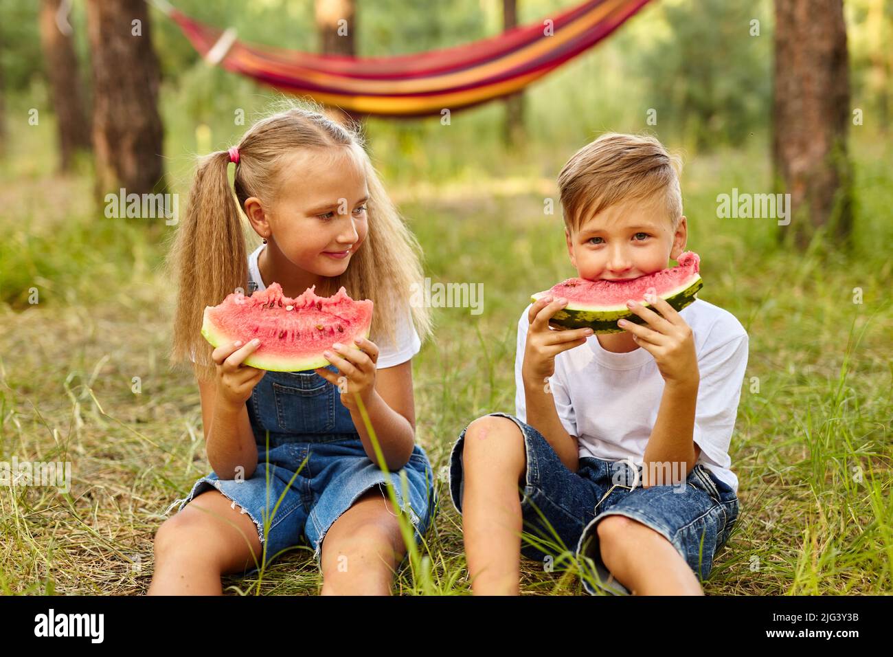 Kids eating watermelon in the park. Stock Photo