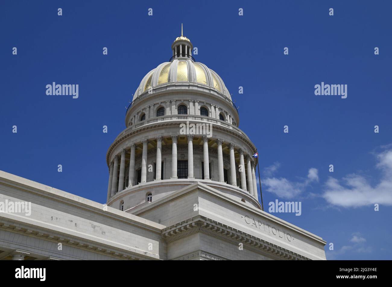 Landscape with panoramic cupola view of El Capitolio, the emblematic National Capitol building in the historic center of Havana, Cuba. Stock Photo