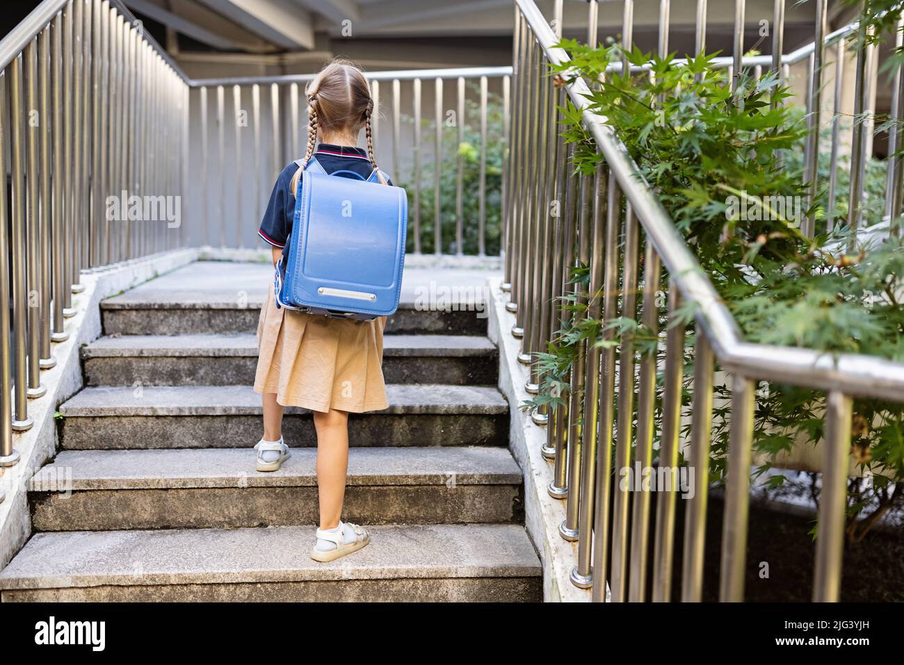 Schoolgirl back to school after summer vacations. Child in uniform ...
