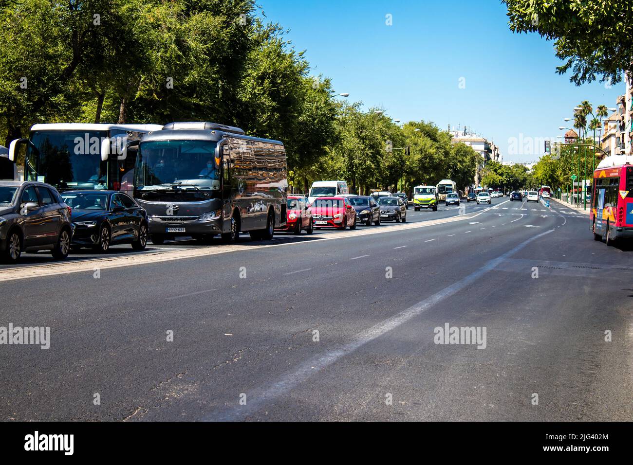 Seville, Spain July 04, 2022 Traffic jam in the streets of Seville