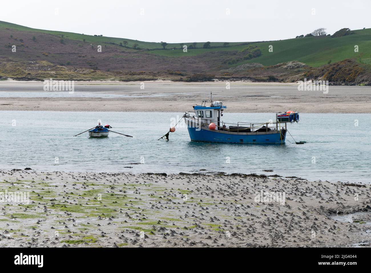West Cork, Ireland, April 30, 2022. A fishing boat moored in shallow