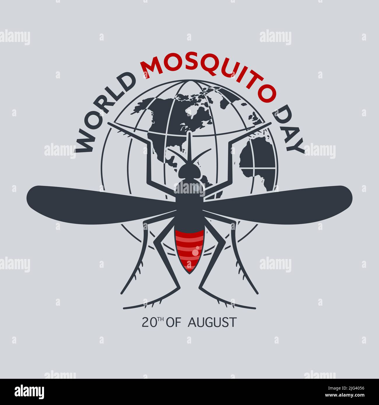 World Mosquito Day 20th of August. A mosquito sits on the Globe. Malaria awareness concept. Flat style illustration. Stock Vector