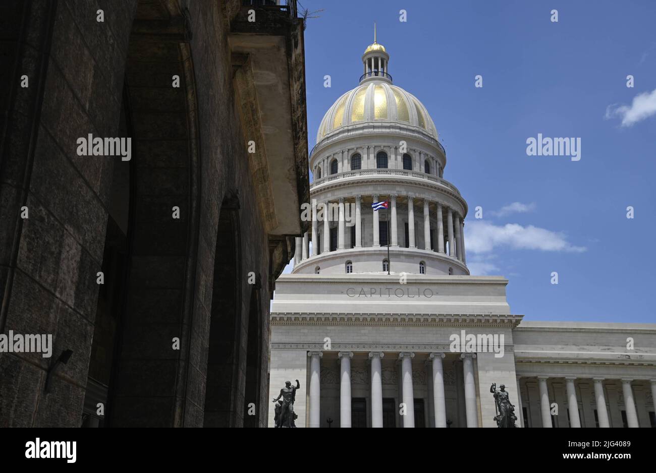 Landscape with panoramic cupola view of El Capitolio, the emblematic National Capitol building in the historic center of Havana, Cuba. Stock Photo