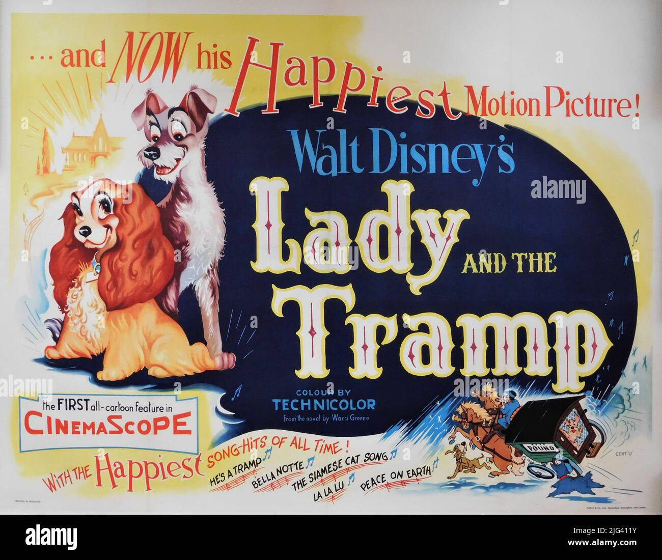 Original Release British Quad Poster for WALT DISNEY'S LADY AND THE TRAMP 1955 directors CLYDE GERONIMI WILFRED JACKSON and HAMILTON LUSKE from the story by Ward Greene Walt Disney Productions / Buena Vista Film Distribution Company Stock Photo