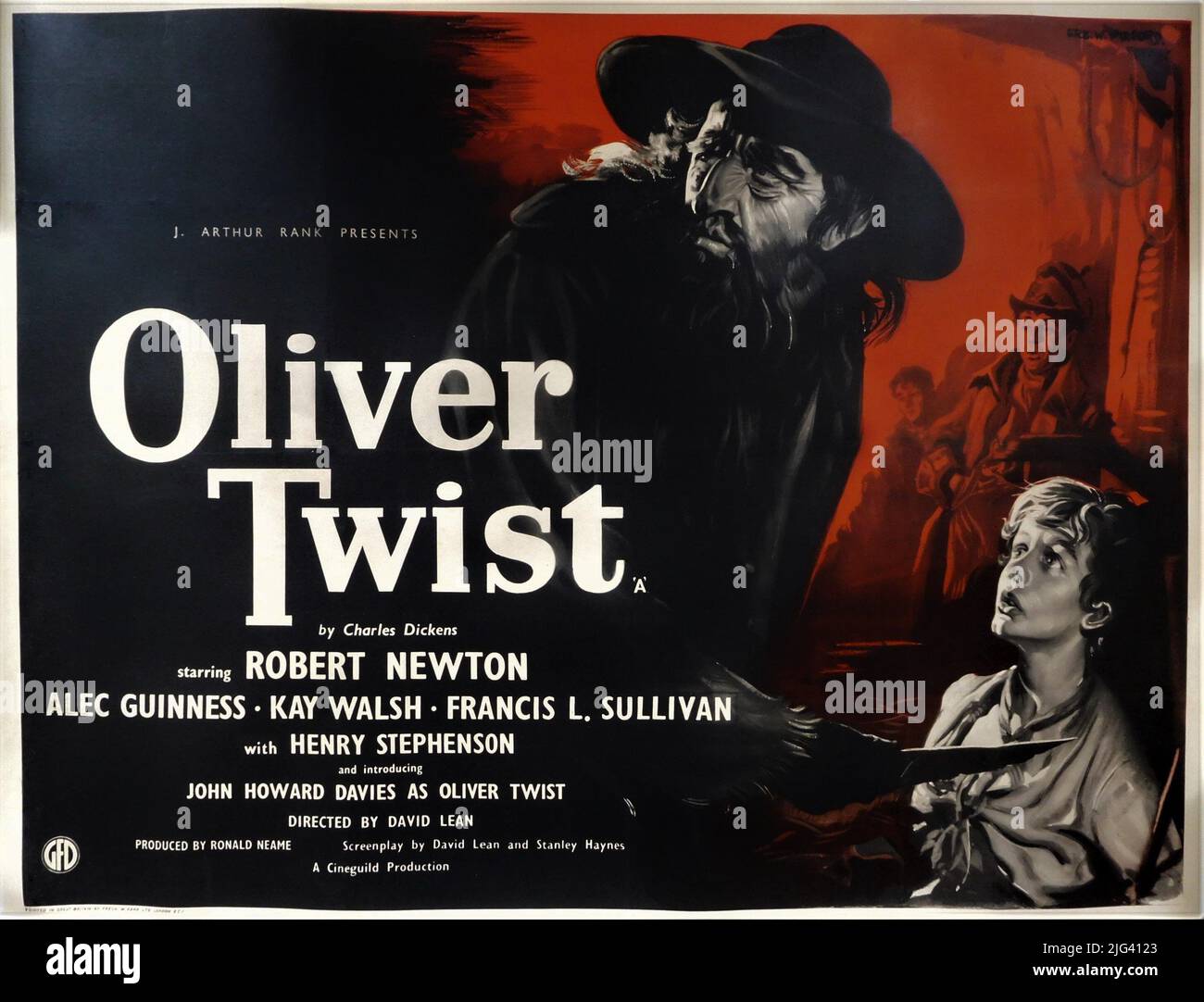 British Quad Poster with Artwork by ERIC PULFORD for ALEC GUINNESS as Fagin JOHN HOWARD DAVIES as Oliver and ANTHONY NEWLEY as the Artful Dodger in OLIVER TWIST 1948 director DAVID LEAN novel Charles Dickens Cineguild / General Film Distributors (GFD) Stock Photo