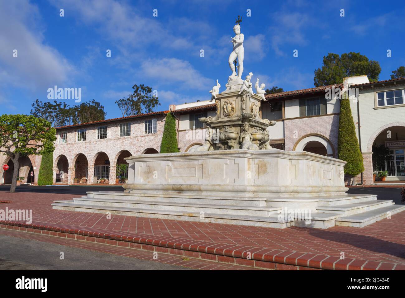 INeptune Fountain at the Malaga Cove Plaza during a sunny day shown in Palos Verdes Estate, Los Angeles County, California. Stock Photo