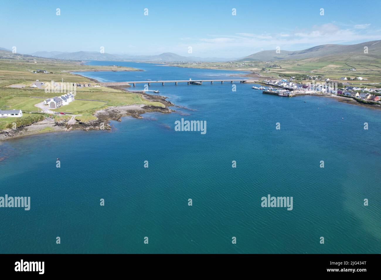 Portmagee village County Kerry, Ireland road bridge to Valentia island drone aerial view Stock