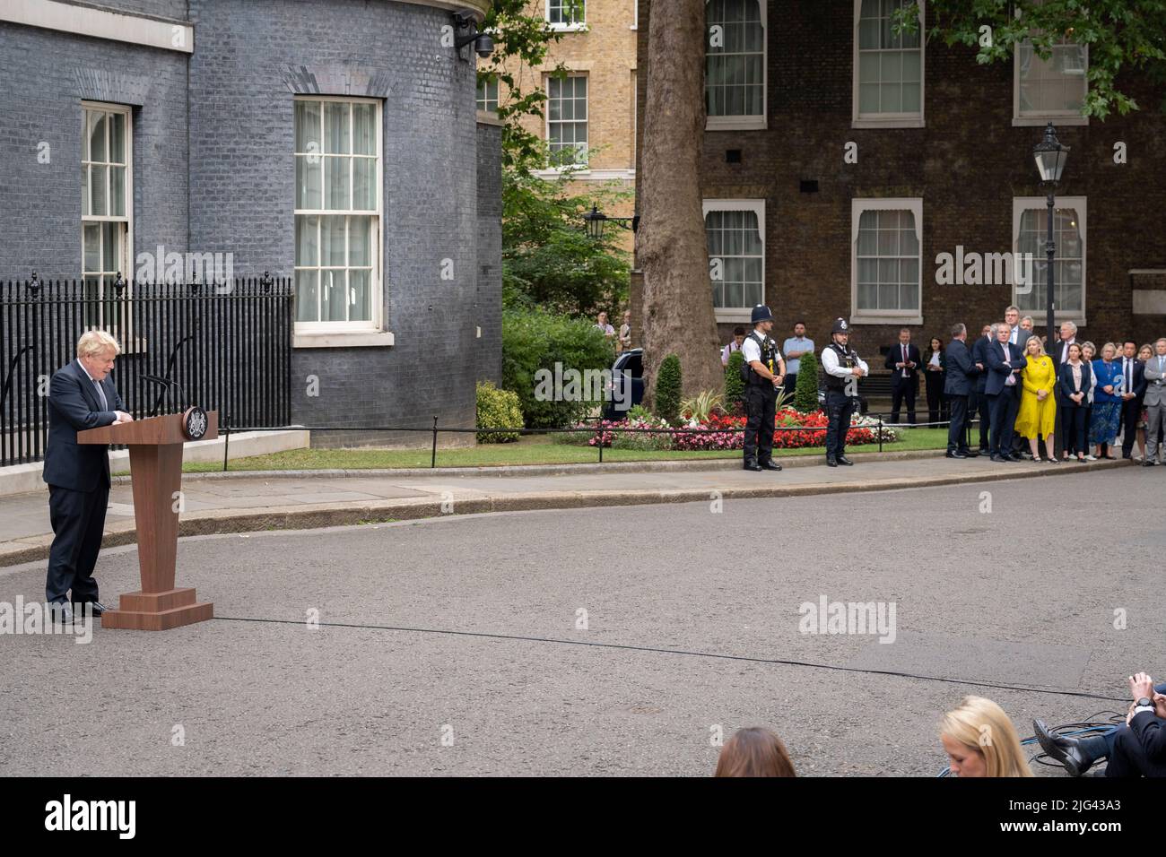 On the day that Prime Minister Boris Johnson resigns from the Conservative Party leadership, continuing to serve as PM until his party chooses a successor, he addresses the nation from the lectern in Downing Street, on 7th July 2022, in London, England. Stock Photo