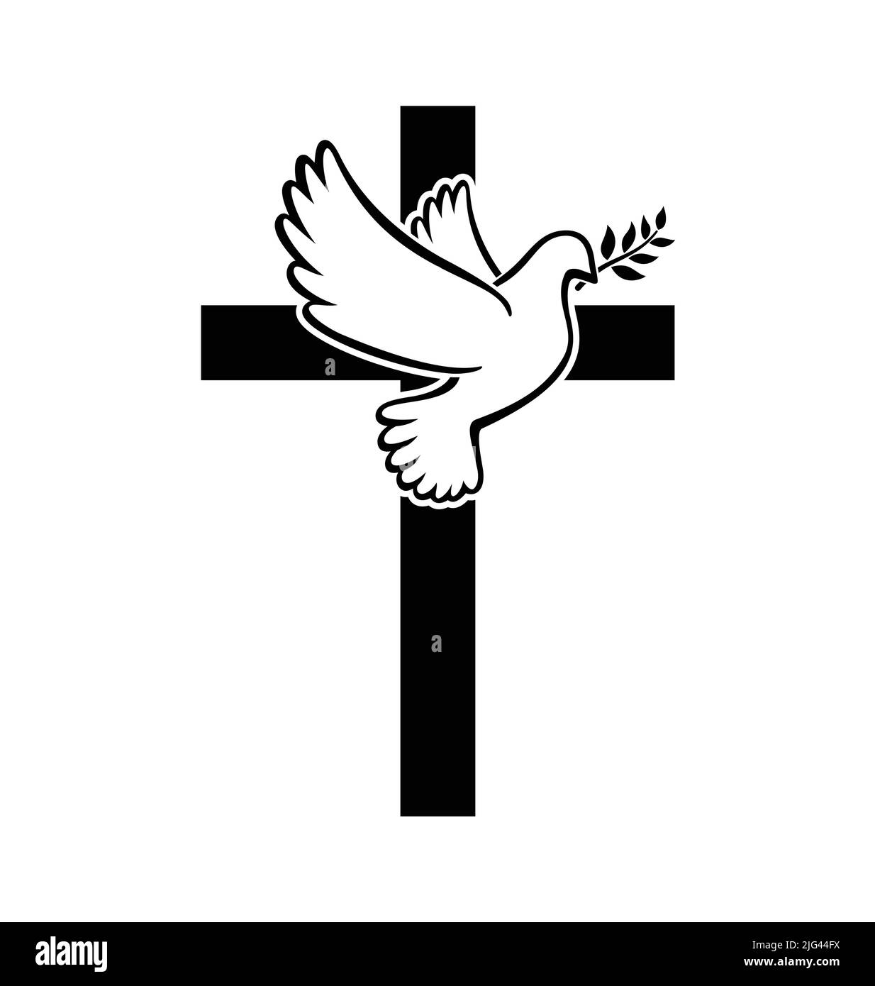 beautiful flying white peace dove pigeon bird outline with olive branch silhouette on christian cross crucifix vector isolated on white background Stock Vector