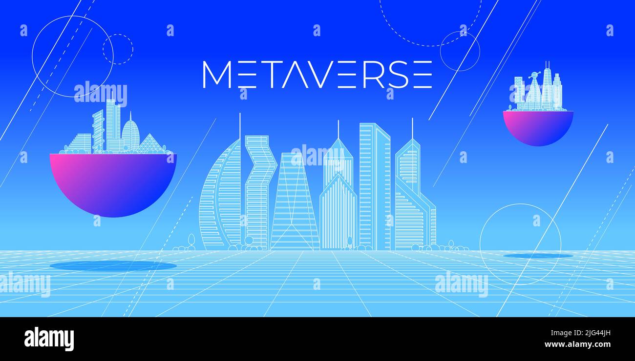 Future digital technology metaverse concept abstract cityscape on skyline. Virtual reality universe futuristic 3d landscape with graphical wireframe cyberpunk city. Meta cyber space metropolis. Vector Stock Vector