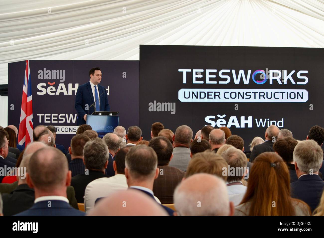 Redcar, UK. 07 Jul 2022. Tees Valley Mayor Ben Houchen pictured as construction has started on SeAH Wind Ltd’s offshore wind facility marking the first major private sector investment beginning construction at a UK Freeport. Mr Houchen took part in an official signing ceremony, presentations and the ground breaking for the £400million facility, along with representatives from the Government and SeAH Wind, with more than 200 local business leaders also attending. Credit: Teesside Snapper/Alamy Live News Stock Photo