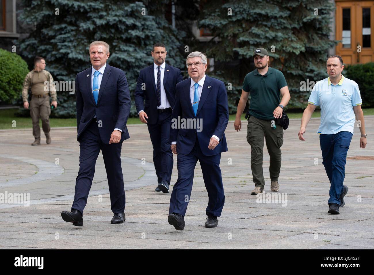 Kyiv, Ukraine. 03 July, 2022. International Olympic Committee President Thomas Bach, right, walks with Ukraine National Olympic Committee head Sergii Bubka left, on their way to the Mariinskyi Palace, July 3, 2022 in Kyiv, Ukraine.  Credit: Ukraine Presidency/Ukrainian Presidential Press Office/Alamy Live News Stock Photo