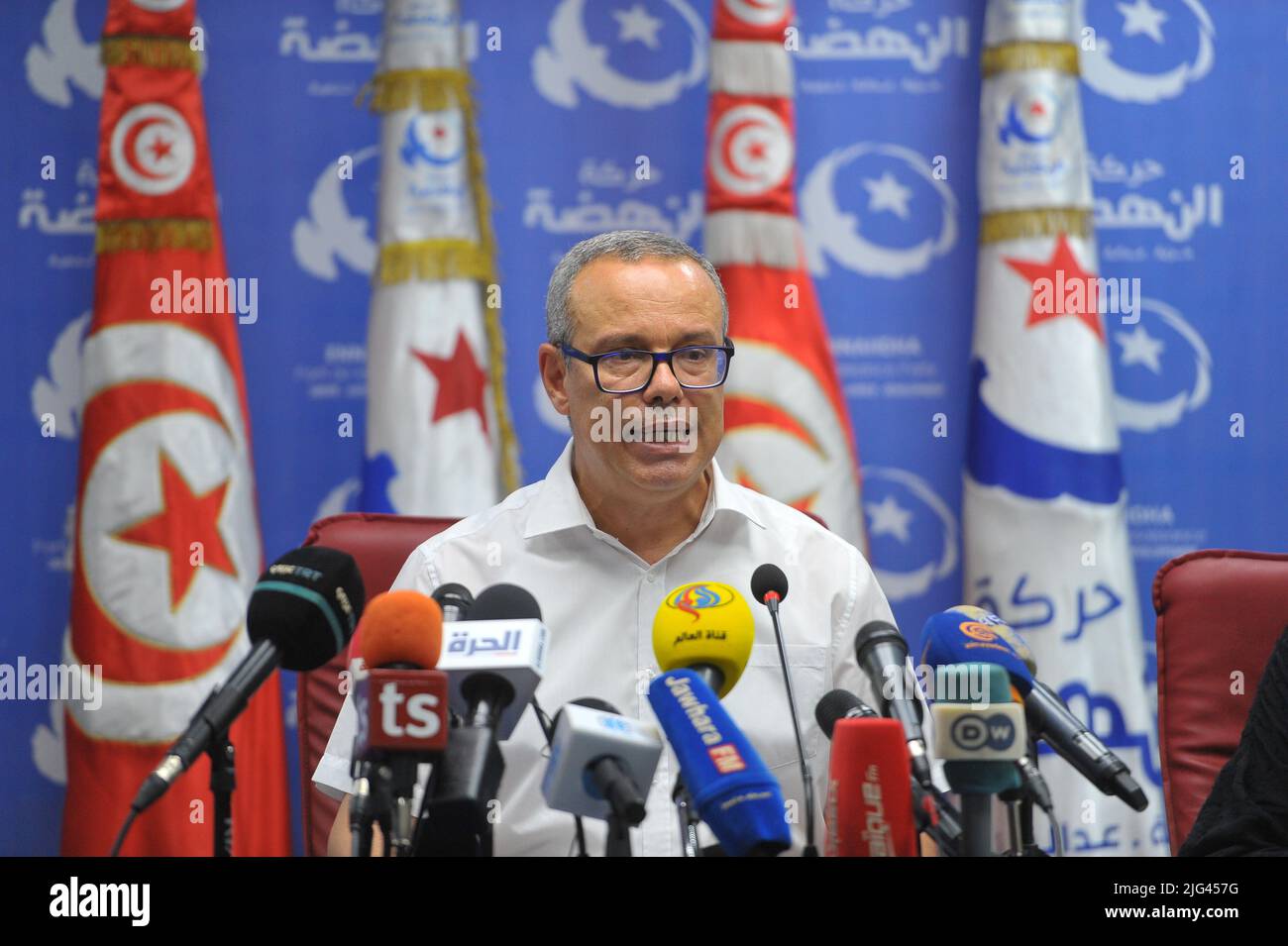 Tunisia. 7th July, 2022. Imed khemiri the spokesperson for the Ennahdha movement at a press conference at the party headquarters in Montplaisir in Tunis. Several subjects such as the referendum, the economic, social and political situation are discussed. (Credit Image: © Chokri Mahjoub/ZUMA Press Wire) Stock Photo