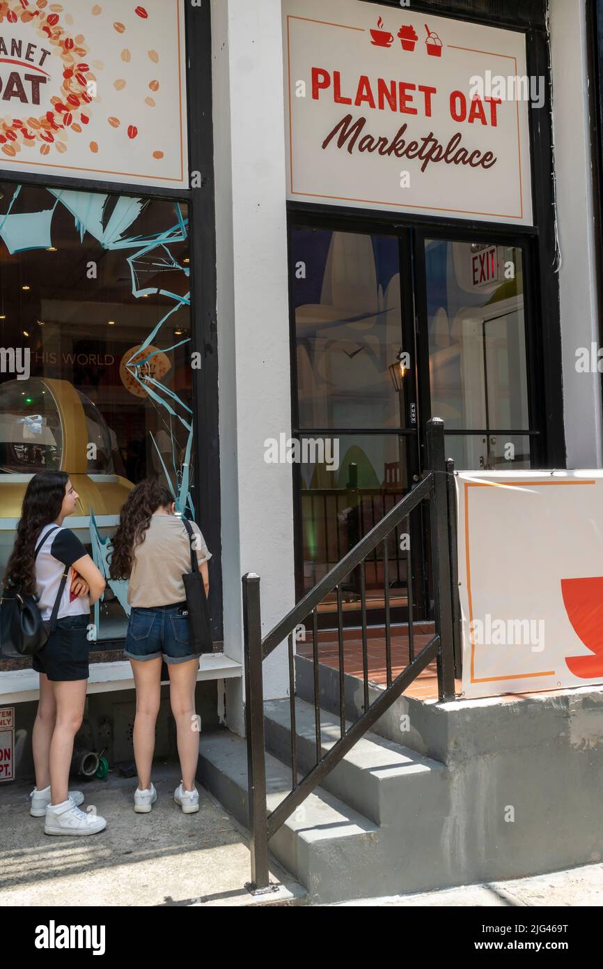 People at the Planet Oat pop-up brand activation in Soho in New York on Saturday, June 25, 2022. Participants were treated to a number of samples of products made with the oat beverage.  (©ÊRichard B. Levine) Stock Photo