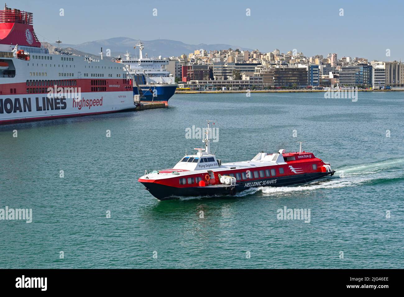 Athens, Greece - May 2022: Fast hydrofoil passenger ferry arriving in Piraeus from one of the Greek Islands. the ferry is operated by Hellenic Seaways Stock Photo