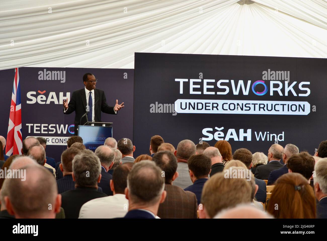 Redcar, UK. 07 Jul 2022. Kwasi Kwarteng pictured as construction started on SeAH Wind Ltd’s offshore wind facility marking the first major private sector investment beginning construction at a UK Freeport. UK Government Business Secretary, Kwarteng took part in an official Signing Ceremony, presentation and the ground breaking for the £400million facility, with more than 200 local business leaders and local politicians also attended. Credit: Teesside Snapper/Alamy Live News Stock Photo