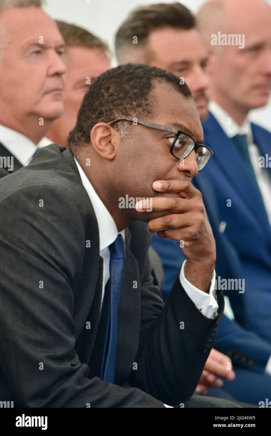 Redcar, UK. 07 Jul 2022. Kwasi Kwarteng pictured as construction started on SeAH Wind Ltd’s offshore wind facility marking the first major private sector investment beginning construction at a UK Freeport. UK Government Business Secretary, Kwarteng took part in an official Signing Ceremony, presentation and the ground breaking for the £400million facility, with more than 200 local business leaders and local politicians also attended. Credit: Teesside Snapper/Alamy Live News Stock Photo